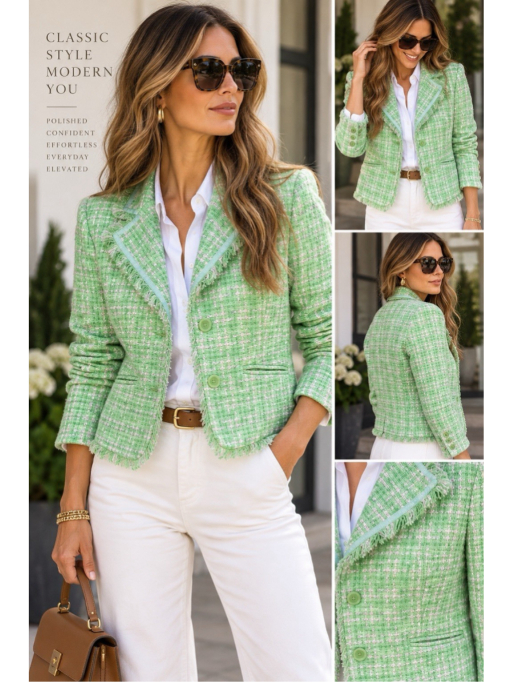 Apt 9 Womens 14 Green Tweed Blazer Cropped Fringe Trim Preppy Quiet Luxury